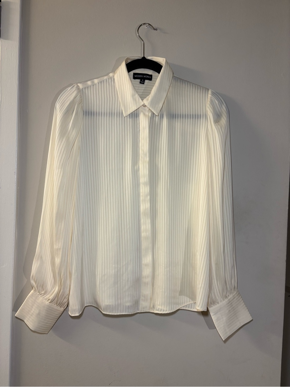 Ivory Pleated Long-Sleeve Dress Shirt Classic; Professional; Casual;